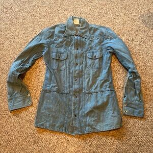 Vtg 70s You Babes denim snap down front denim large lapel shirt sz M